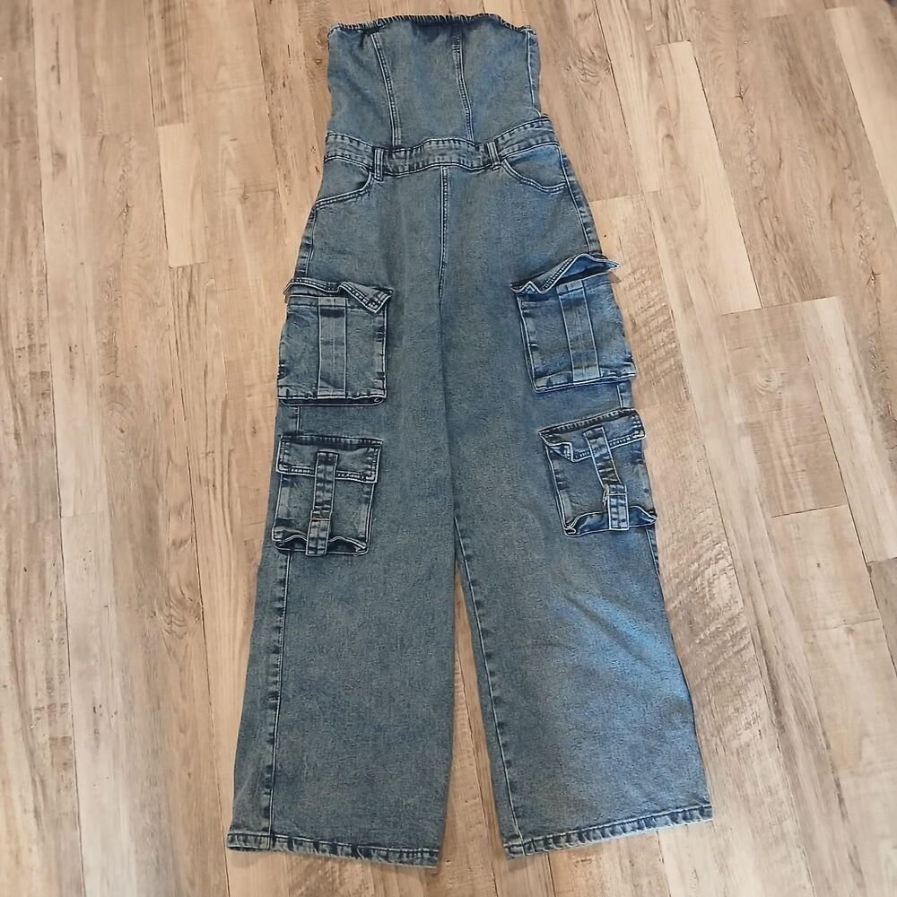 Fourteen Twelve Women's Blue Strapless Dungarees Overalls Streetwear Size M